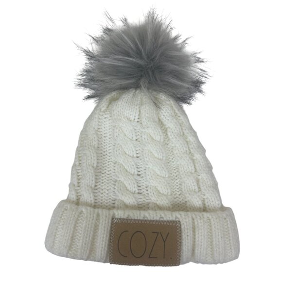 Rae Dunn "Cozy" Women's Ivory Cable Knit Pom Pom Beanie Winter Hat - Picture 1 of 10